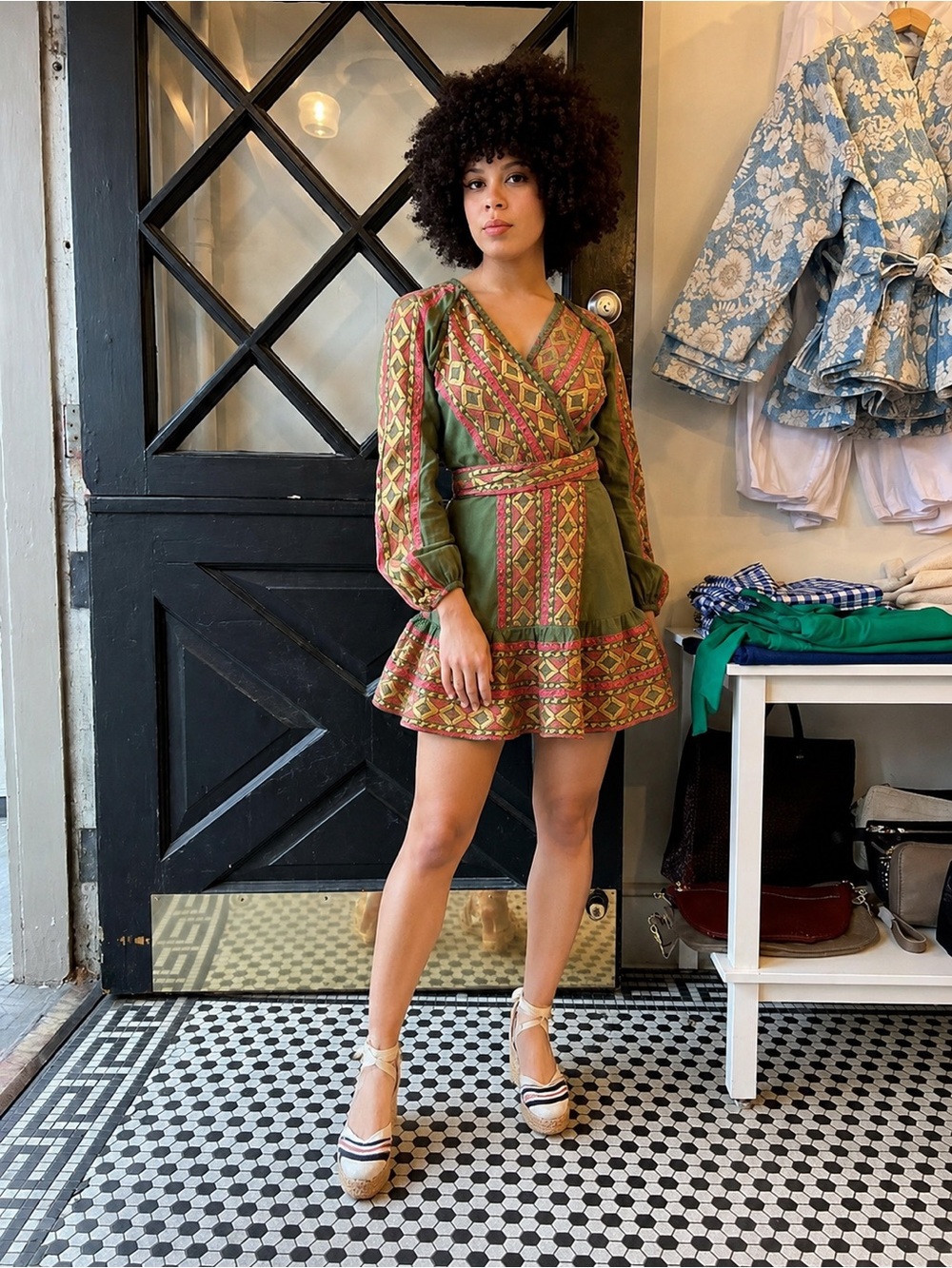 LACE The Label Wrap Mini Dress Army Gold Jacquard Greece Size 8 $390